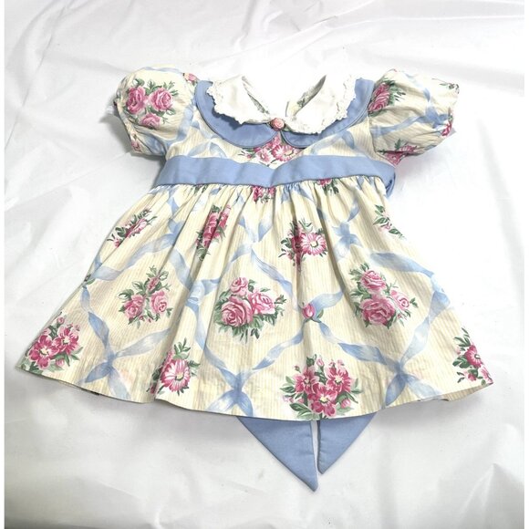 Vtg Cottage core Baby Prairie Twirl Dress Bow Collar Girl Cabbage Rose Lace Trim - Picture 11 of 11